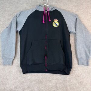Real Madrid CF Full Zip Hoodie Mens Large Black Pink Soccer Club Crest Jacket
